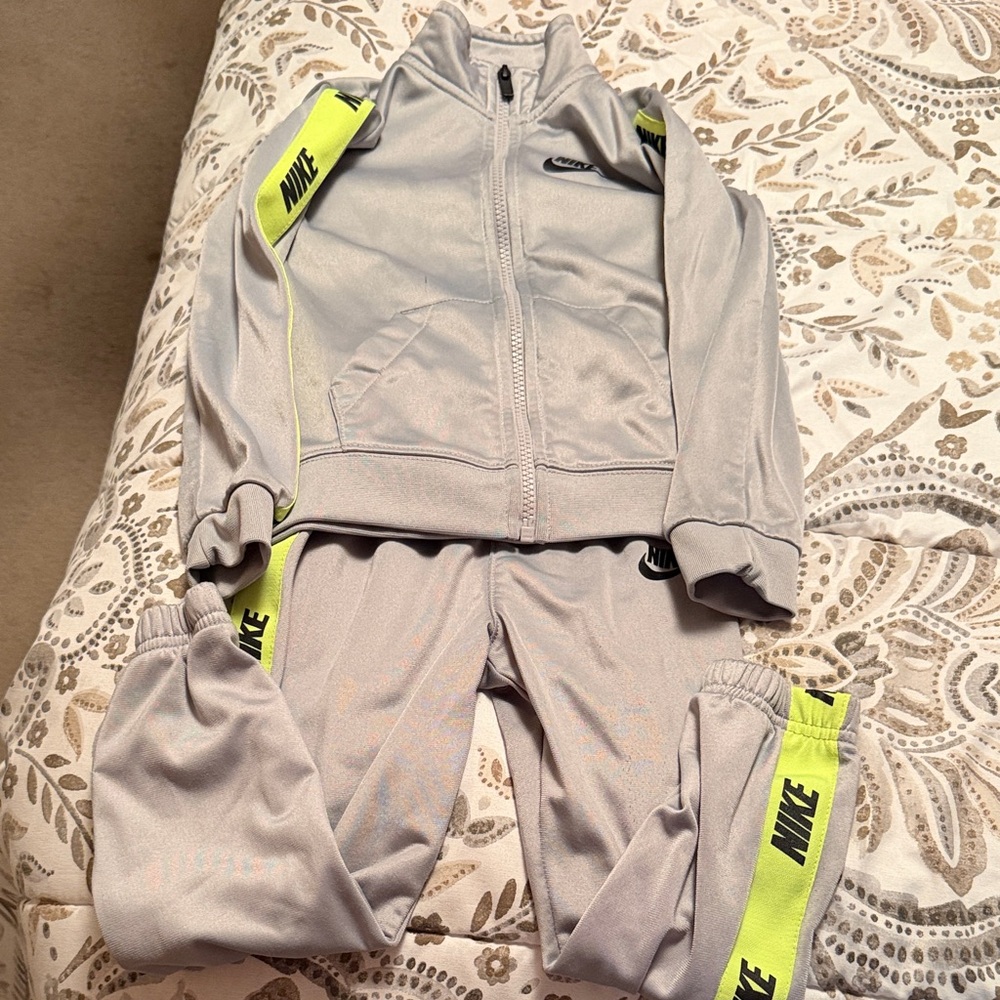 Nike Light Gray Tracksuit with Neon Yellow Stripes